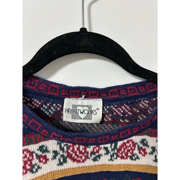 80's Vintage 3D Knit Floral Rose Sweater Size Large Cotton Grandma Cottage - Picture 4 of 9